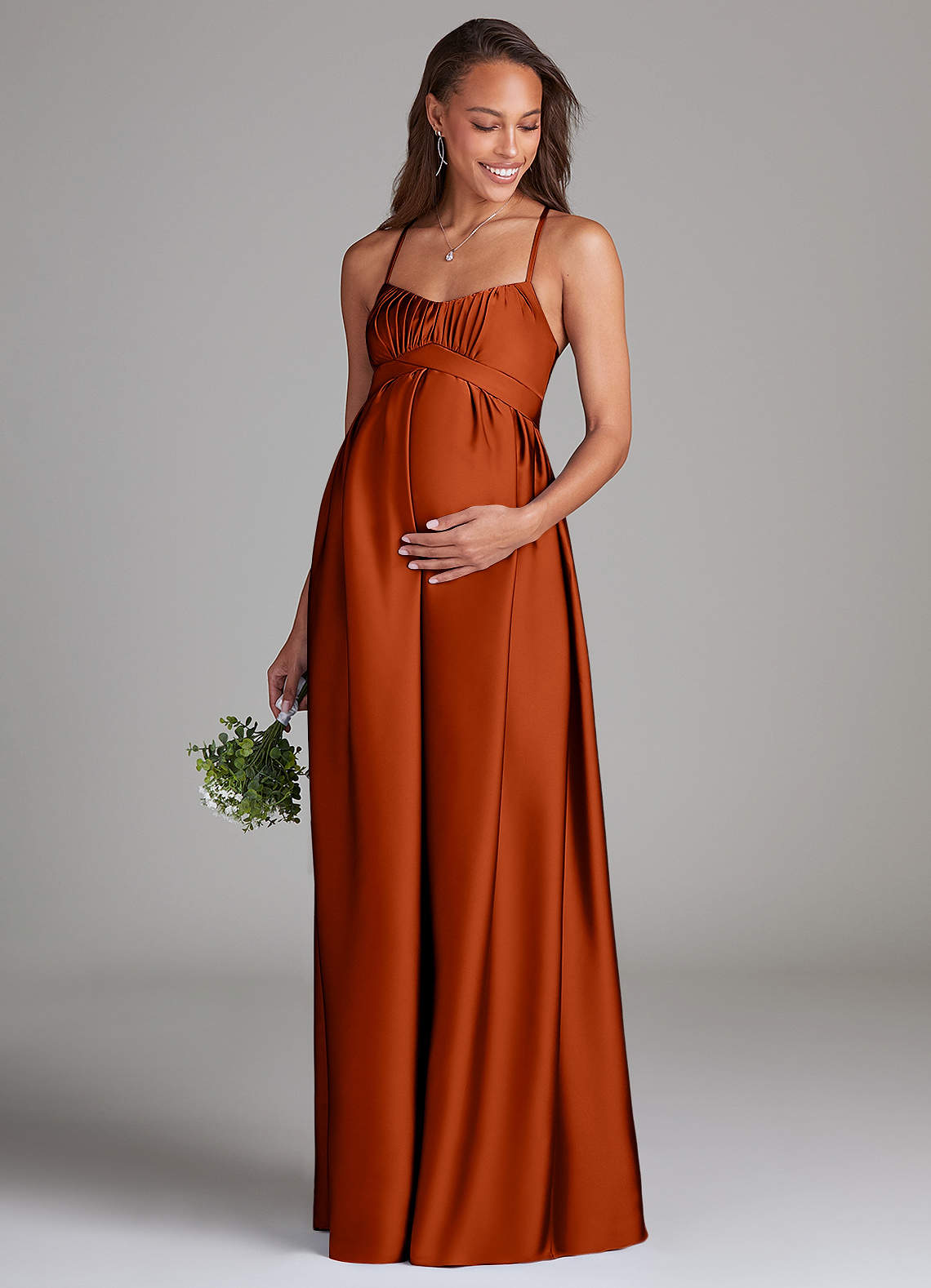 Azazie Llana Gravid brudtärna klänningar Klänning A-Linje med fickor Golvlängd Stretch Satin image1