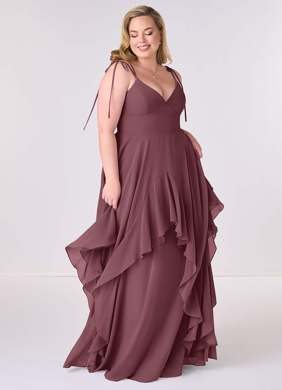 A-line V-neck Chiffon Tiered Skirt Dresses Flamingo