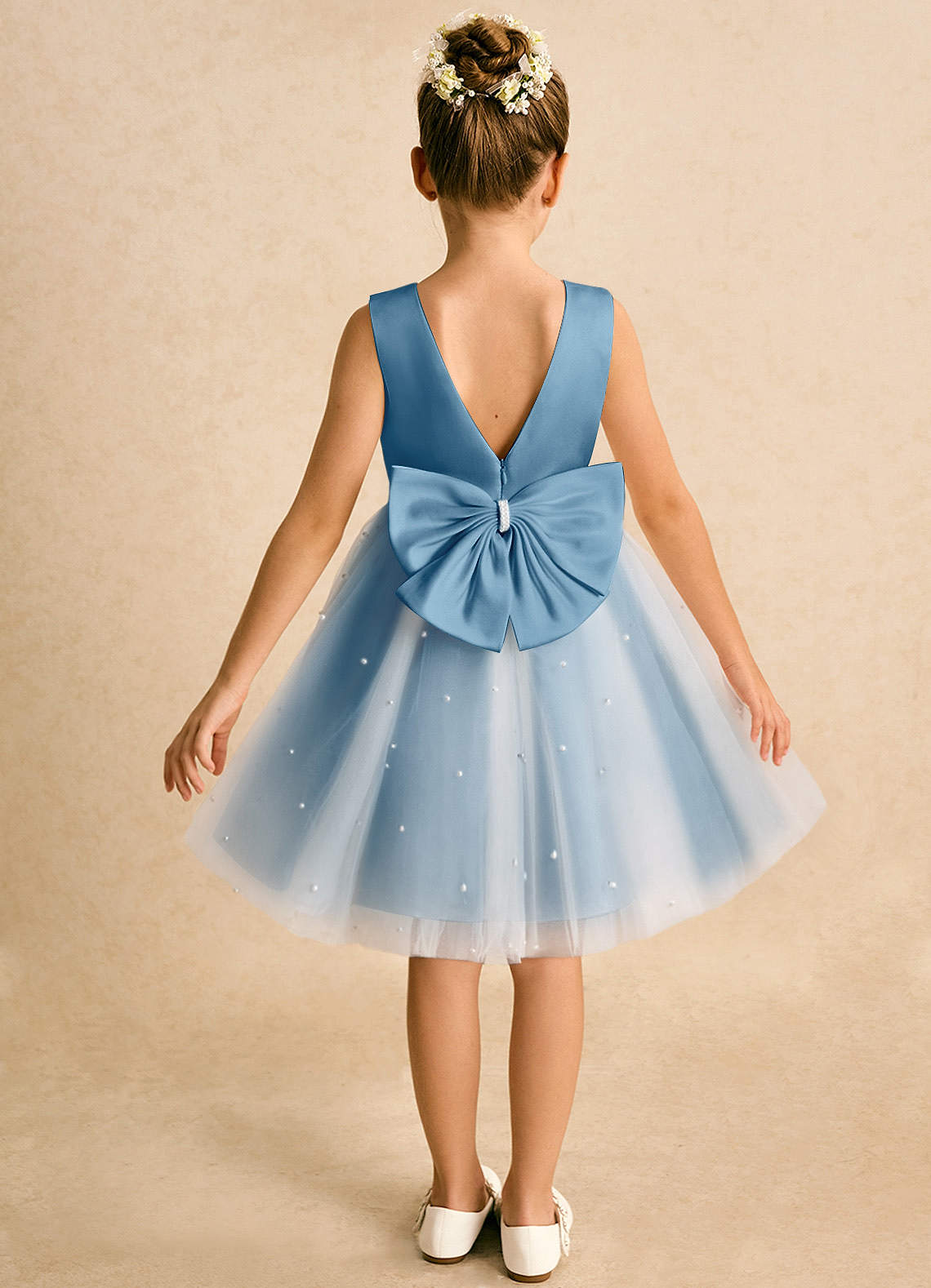 Azazie Esme vestidos de niña de las flores Vestido de Azul Acero de Tul de Princesa con Lazo image1