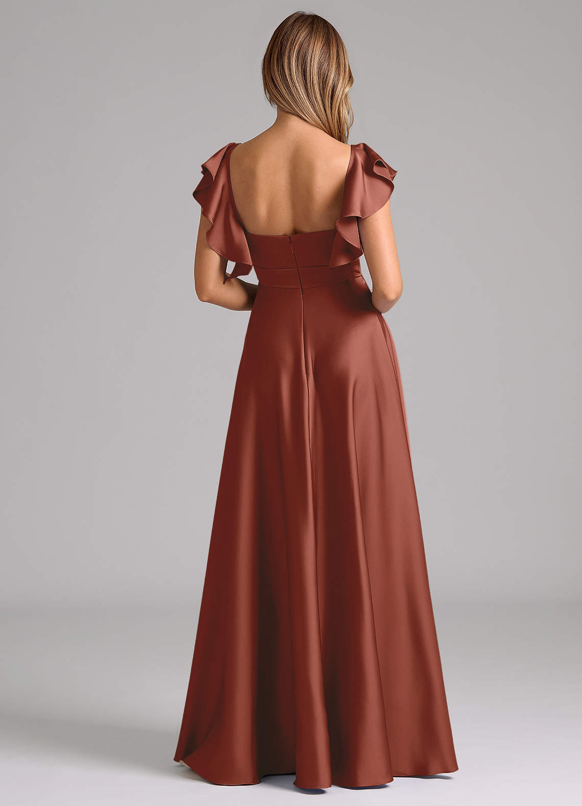 Azazie Leilani Bridesmaid Dresses Auburn A-Line Ruched Stretch Satin Dress image1