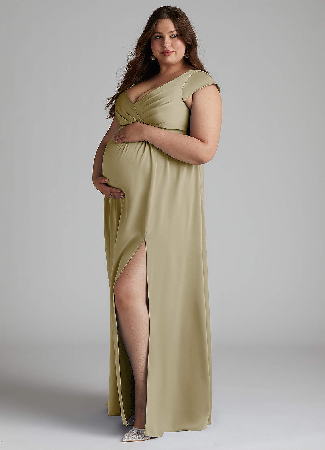 Azazie Allessia Maternity Bridesmaid Dresses A-Line Pleated Stretch Satin Floor-Length Dress image1