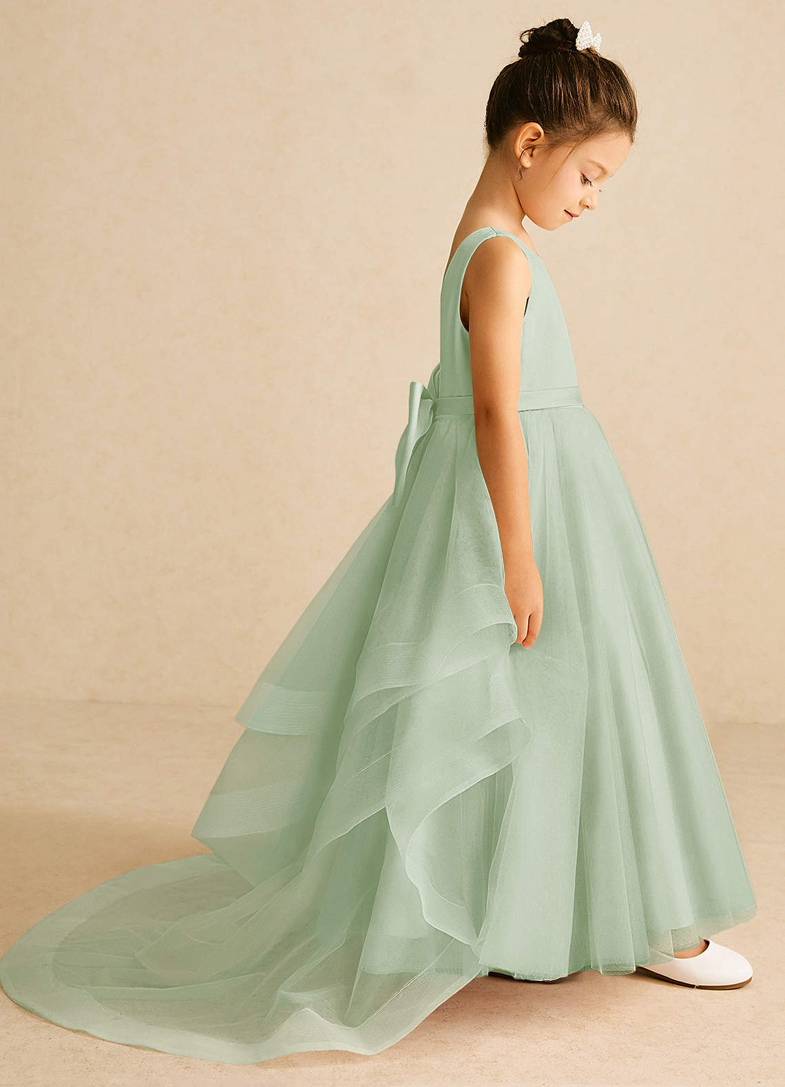 Azazie Pumpkin Flower Girl Dresses Dusty Sage A-Line Bow Tulle Dress image2