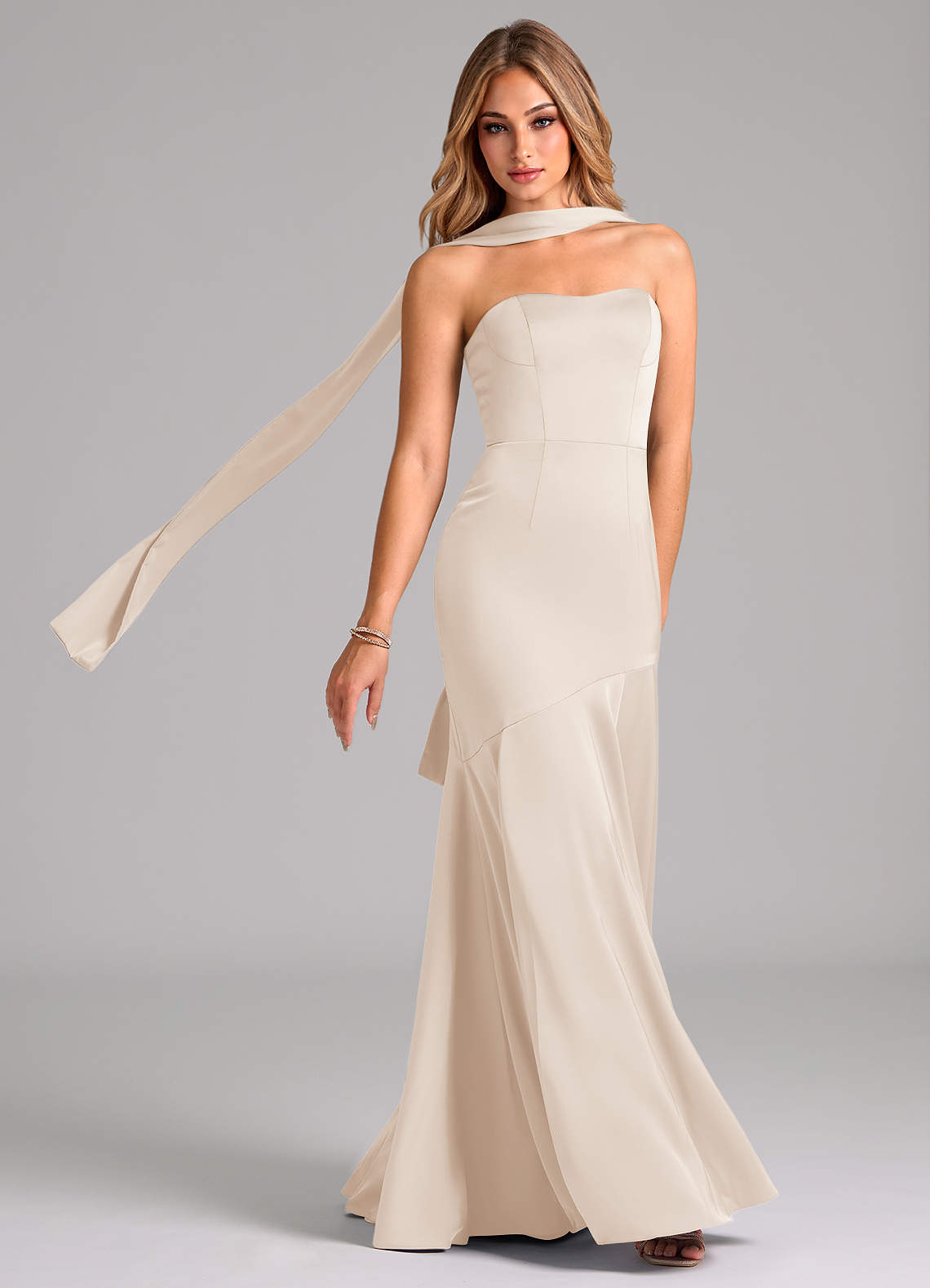 Azazie Shiloh Bridesmaid Dresses White Alabaster Mermaid Strapless Stretch Satin Convertible Dress image1