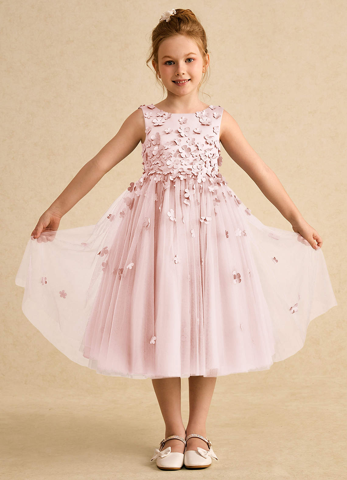 Azazie Lana Flower Girl Dresses Blushing Pink A-Line Sleeveless Matte Satin Dress image1