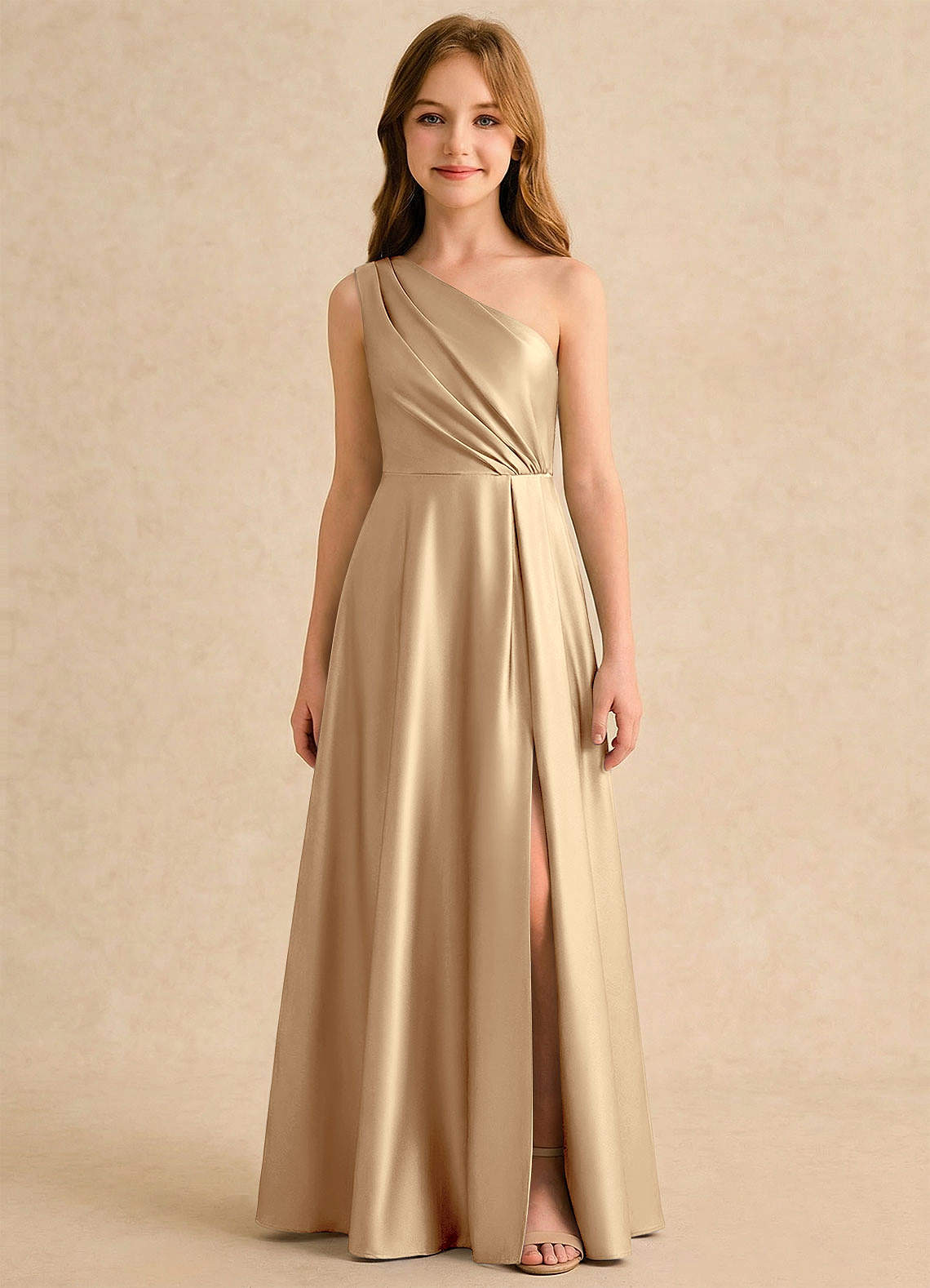Azazie Puddles Girls Formal Robe Demoiselle D'honneur Fillette Robe Trapèze en Satin extensible Une épaule Champagne image5