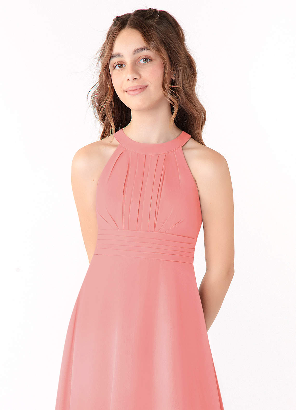 Azazie Linna Junior Vestido de Coral de Gasa de Corte En A con Plisado image3