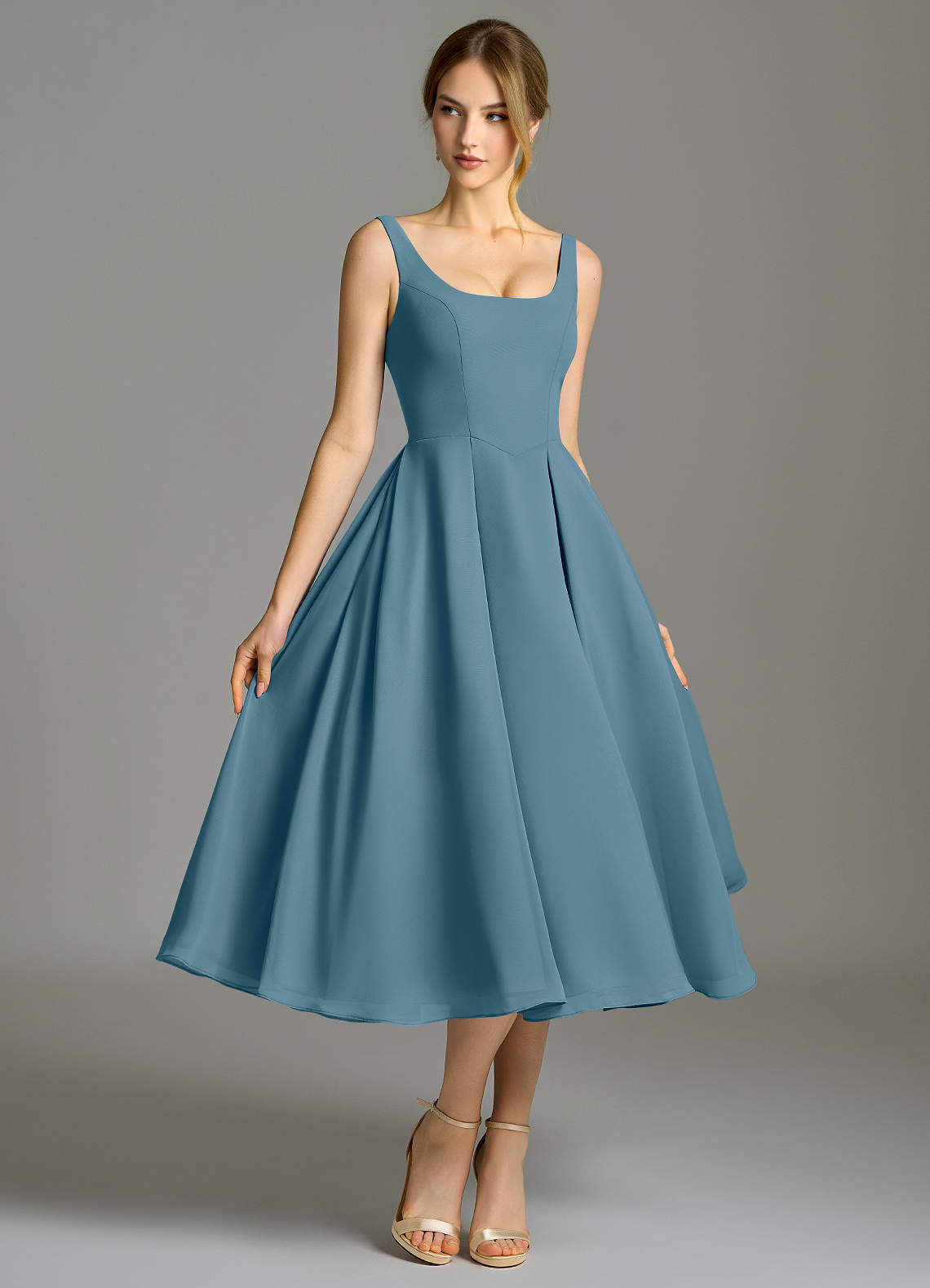 a line tea length bridesmaid dresses Peacock Blue Bridesmaid Dresses Stretch Satin Simple A Line Spaghetti main image 0