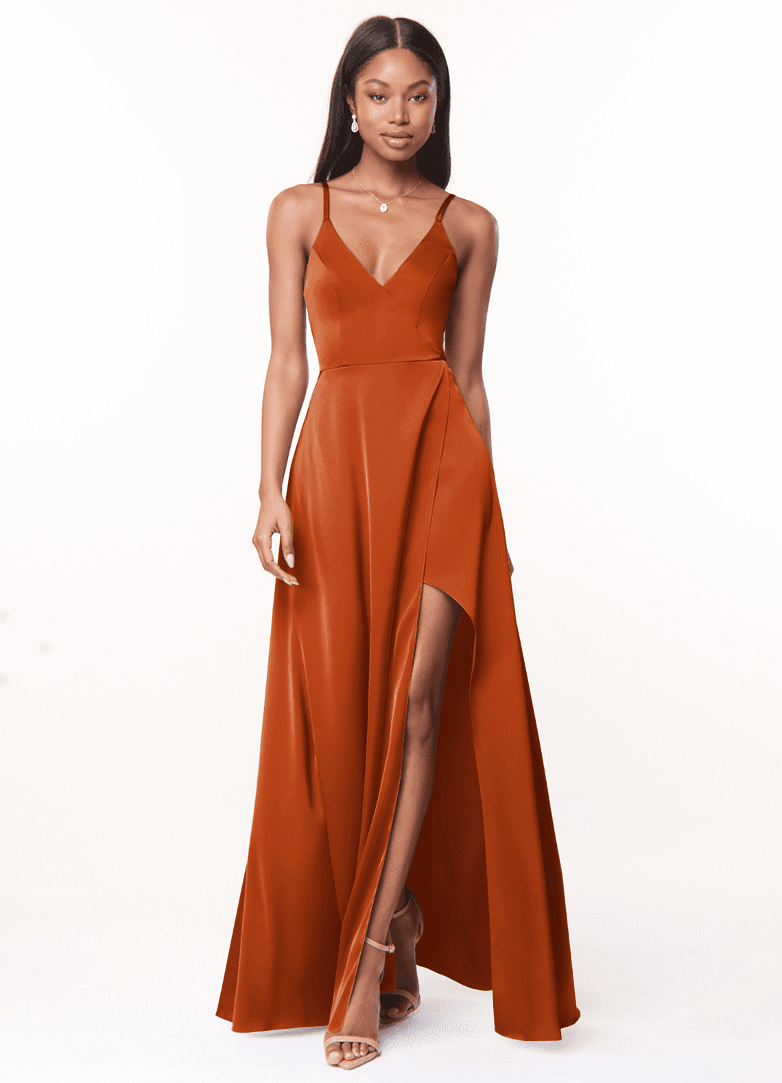 Azazie Maksim Vestidos de damas de honor Vestido de Naranja Quemada de Satén Elástico de Corte en A con Cuello en V image1