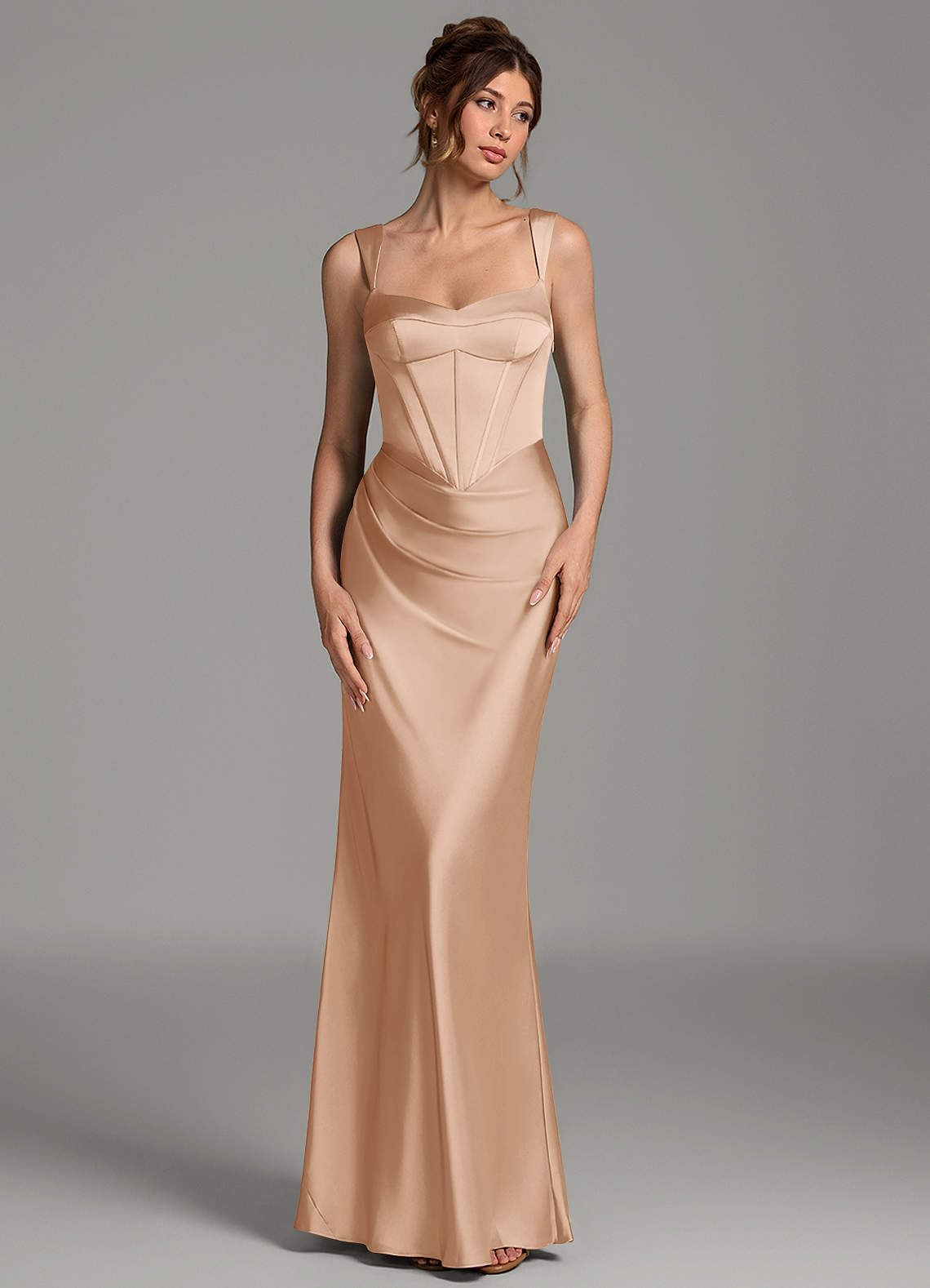 english rose satin bridesmaid dresses Azazie Mela and front slitdesigned for