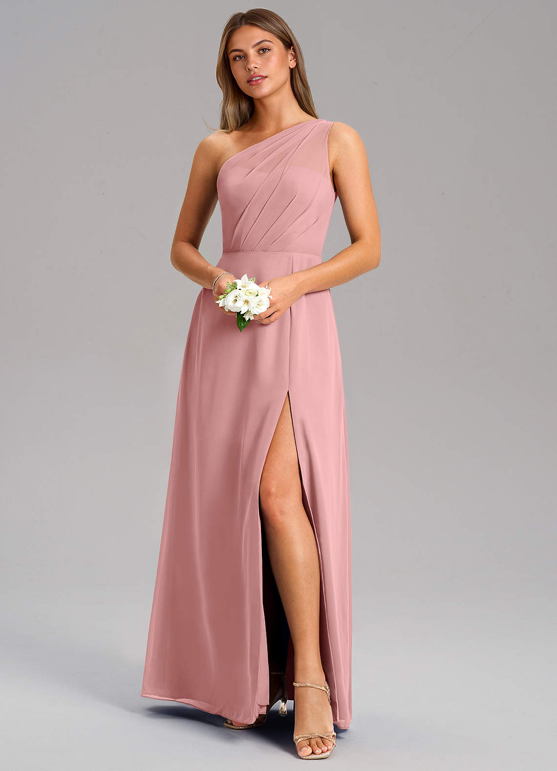 Azazie Phaedra Bridesmaid Dresses Dusty Rose A-Line One Shoulder Chiffon Dress image3