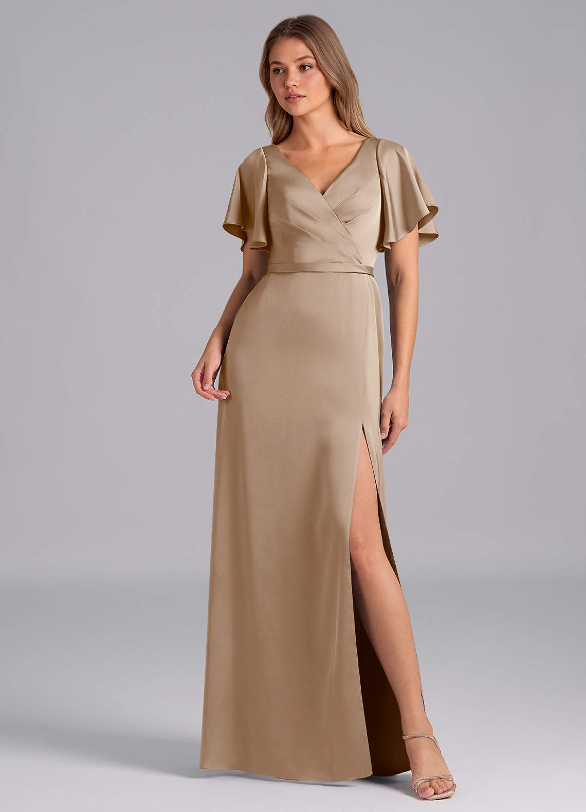 Azazie Ambrosia Bridesmaid Dresses Taupe A-Line Pleated Stretch Satin Dress image1