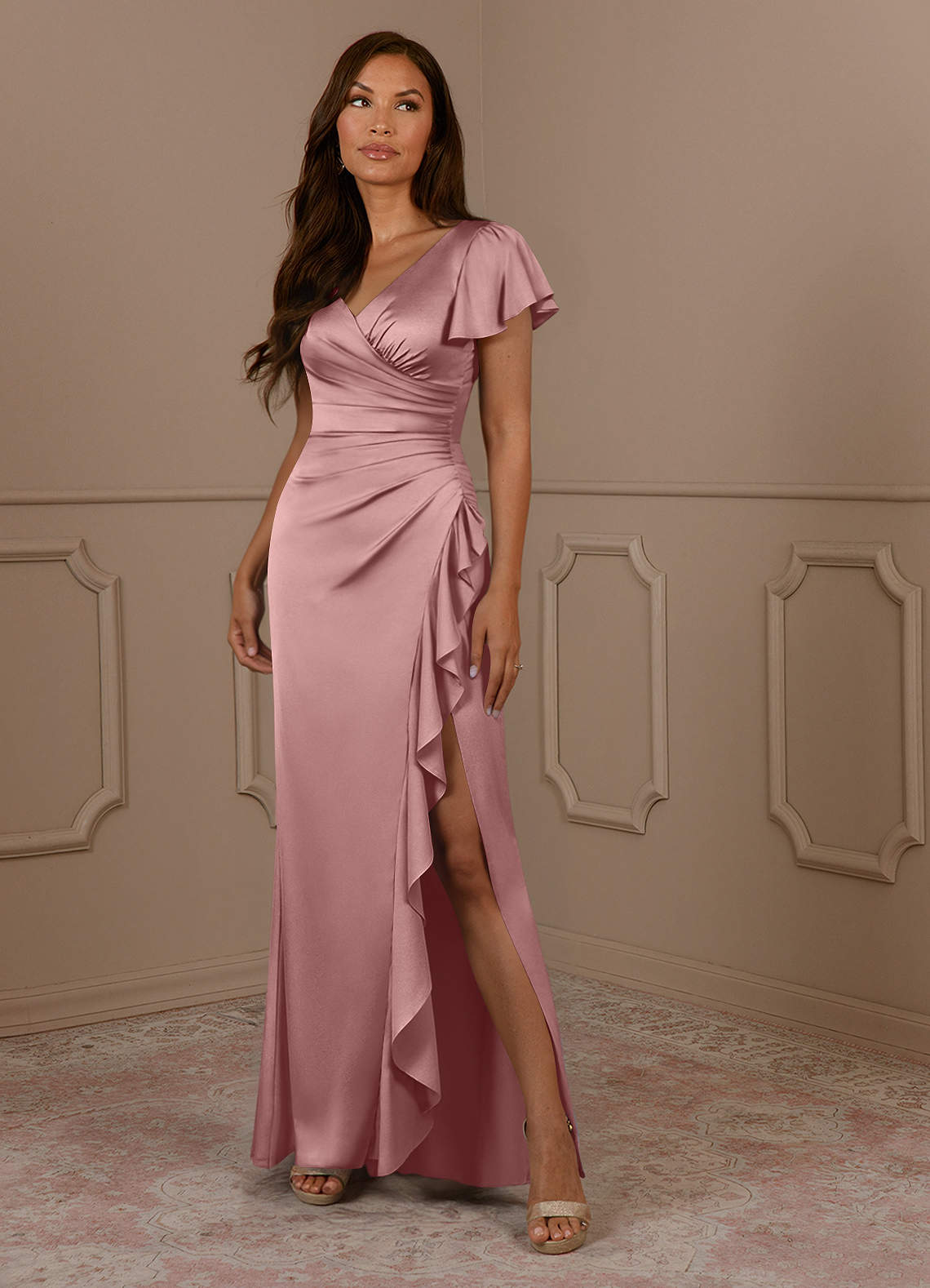 Azazie Roya Mother of the Bride Dresses Dusty Rose Mermaid V-Neck Pleated Stretch Satin Dress image1