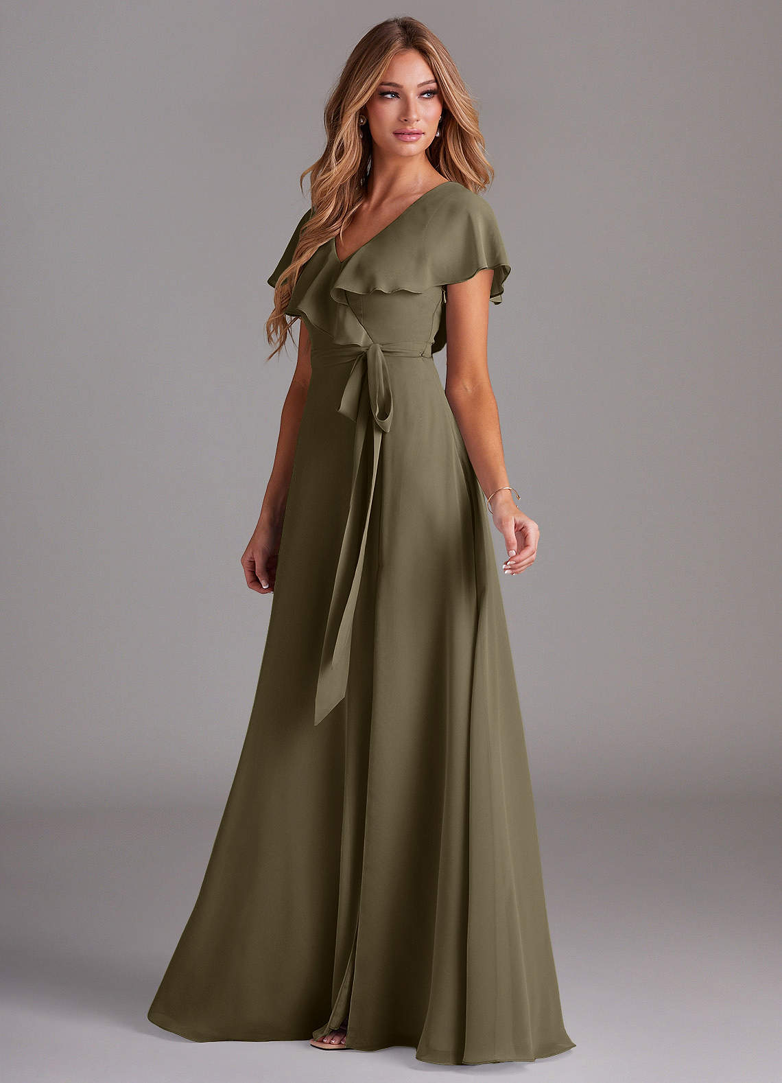 Azazie Lainey At-home Try On Dresses Dusty Sage A-Line with Pockets Chiffon Dress image4