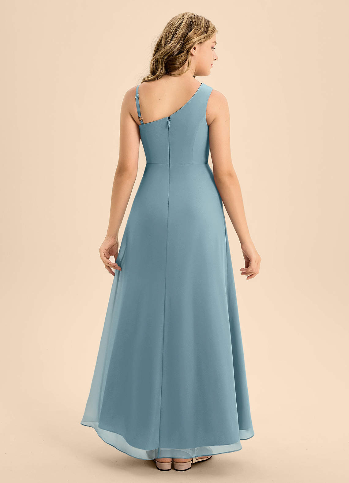 Azazie Brooke Junior Abito A-Line in Chiffon Spacco Laterale Blu Lunatico image1