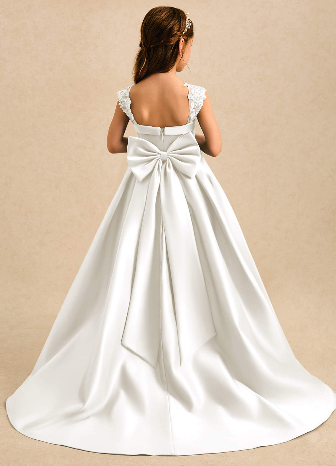 Azazie Genie Flower Girl Dresses Ivory Ball-Gown Off the Shoulder Matte Satin Dress image1