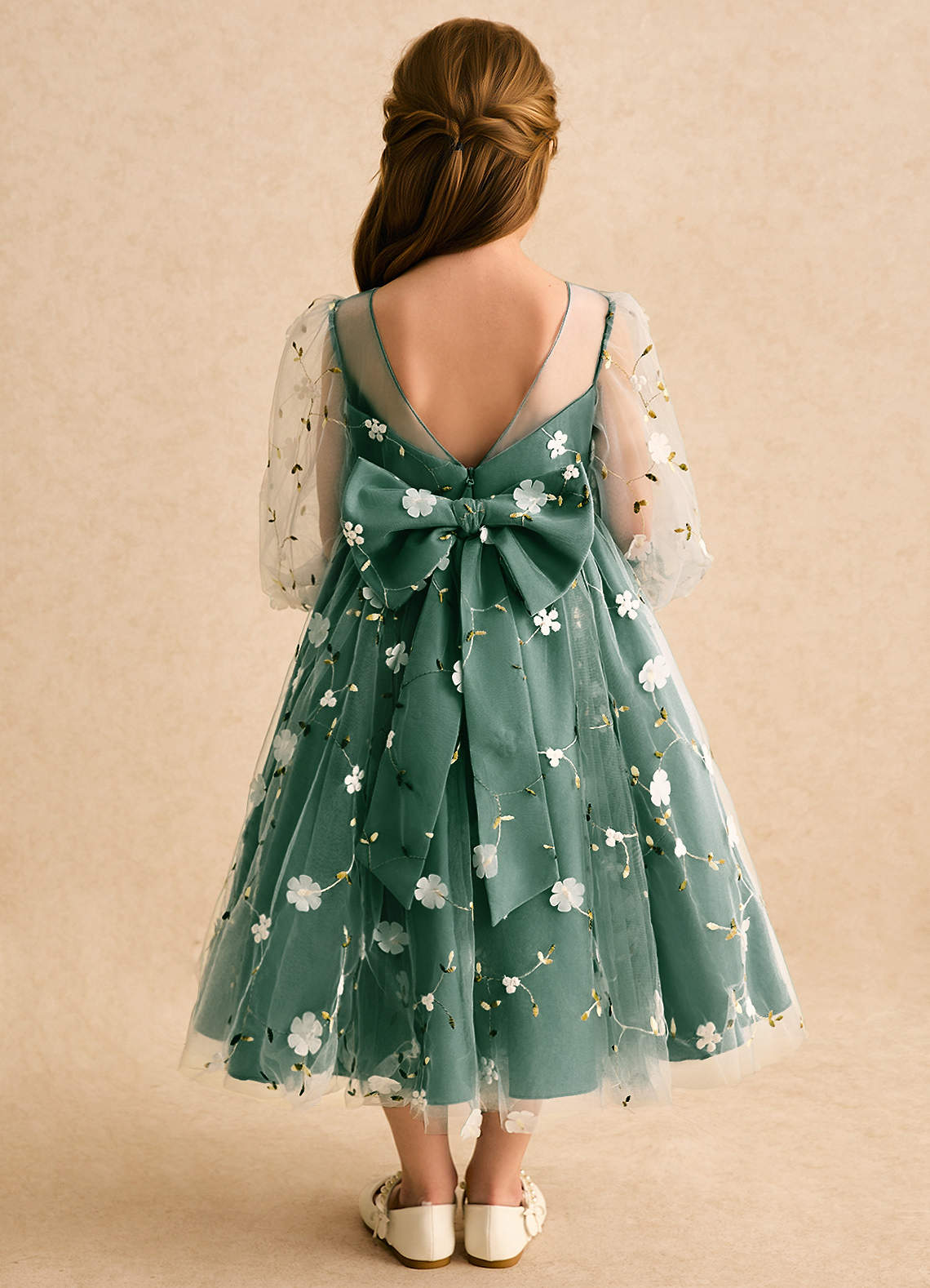 green dress with black flowers Hunter Green Floral Tulle Maxi Dress main image 1