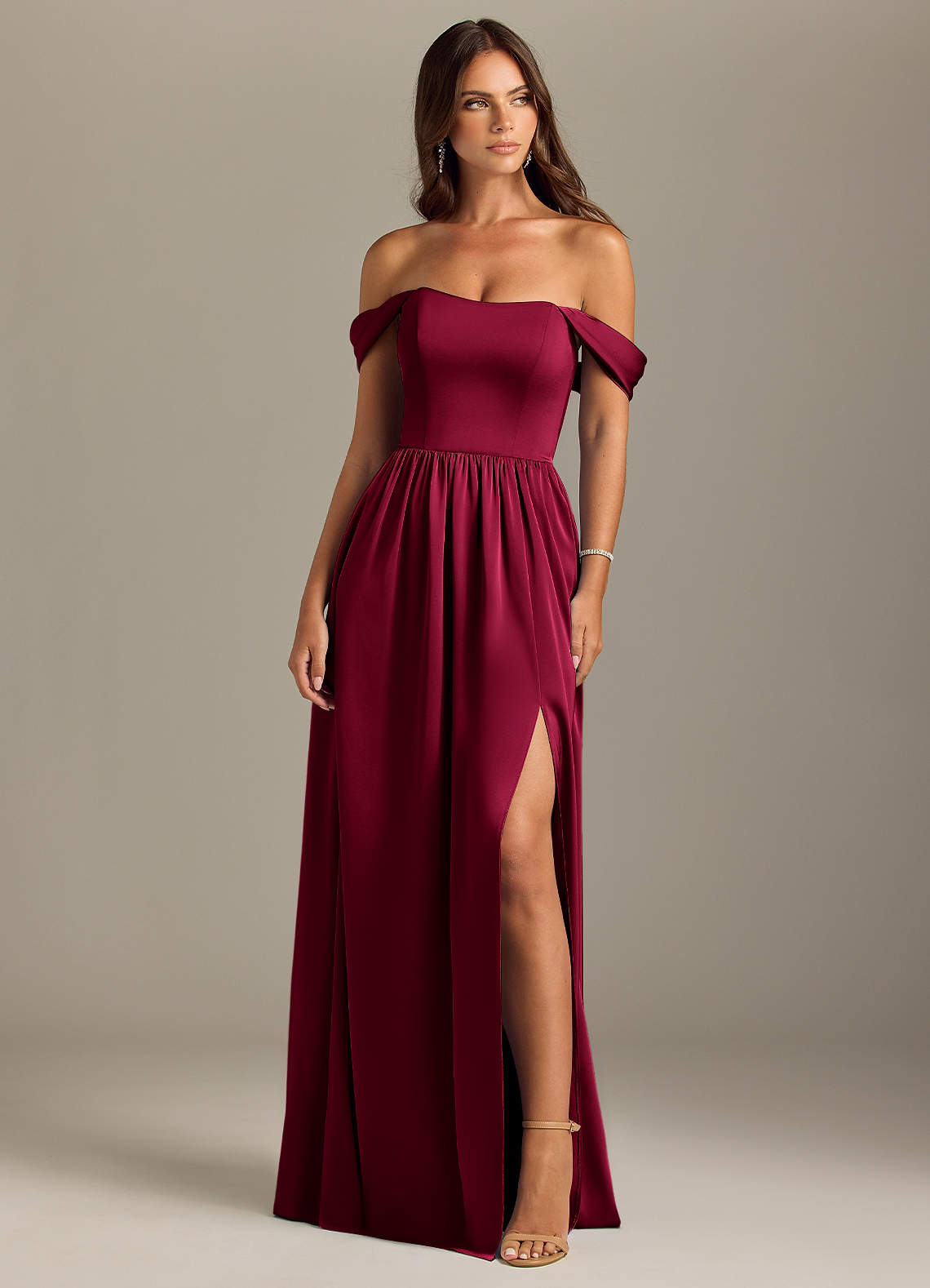 Azazie Calianna Bridesmaid Dresses Burgundy A-Line Off the Shoulder Stretch Satin Convertible Dress image1