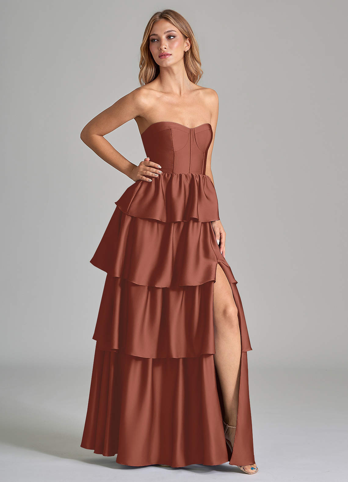 Azazie Faye Bridesmaid Dresses Auburn A-Line Ruched Stretch Satin Dress image1
