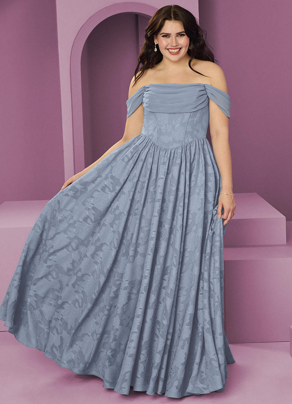 Barbie ♥ Azazie Final Sale Dusty Blue A-Line Off the Shoulder Floral Burnout Convertible Dress image1