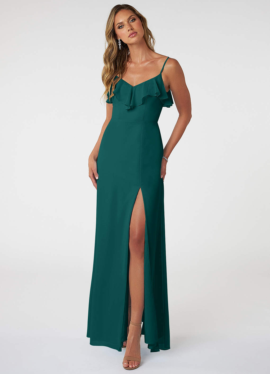 Azazie Natalia Bridesmaid Dresses Peacock A-Line Chiffon Dress image1