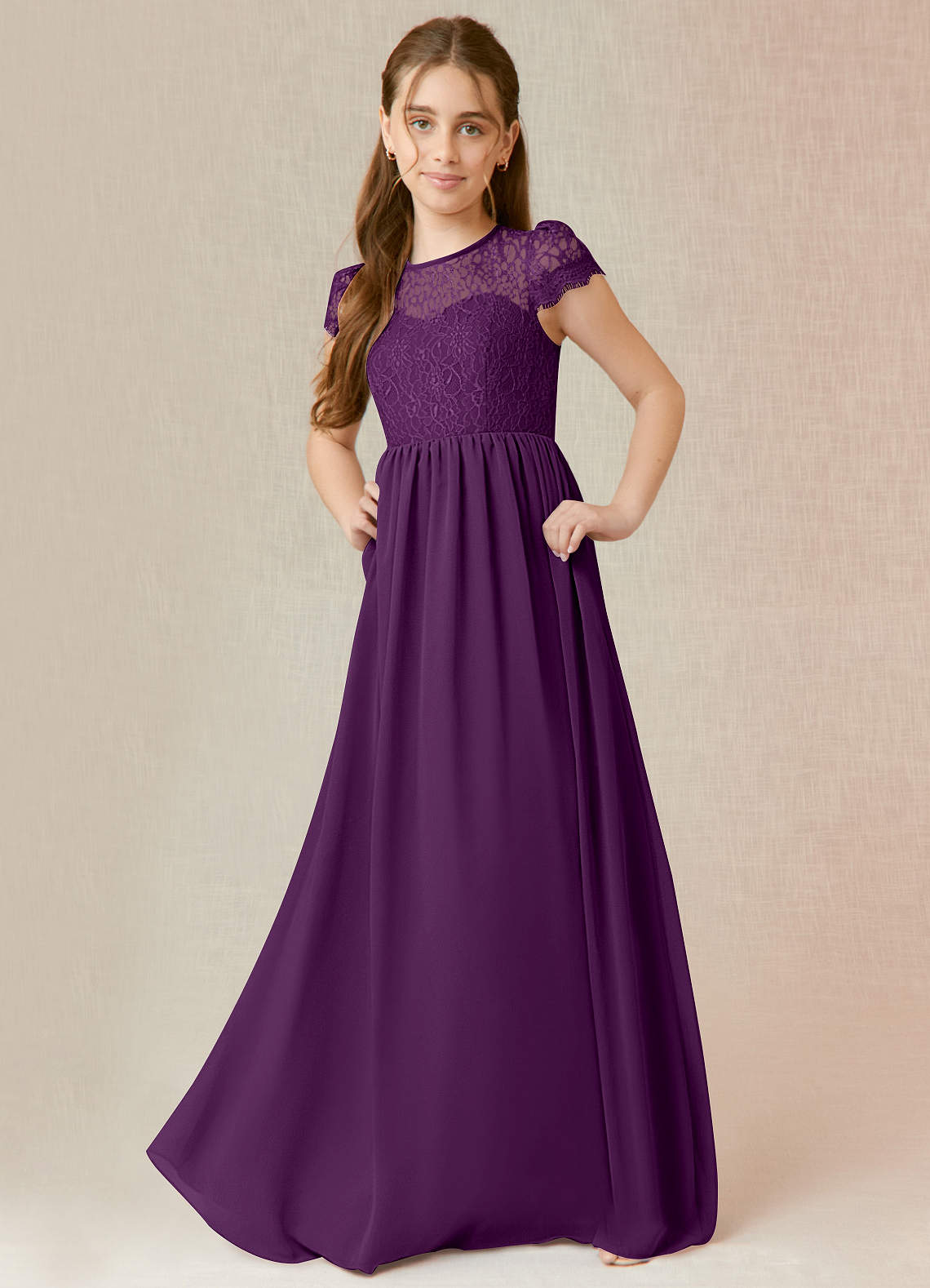 Azazie Delevingne Junior Grape A-Line Lace Chiffon Dress image1