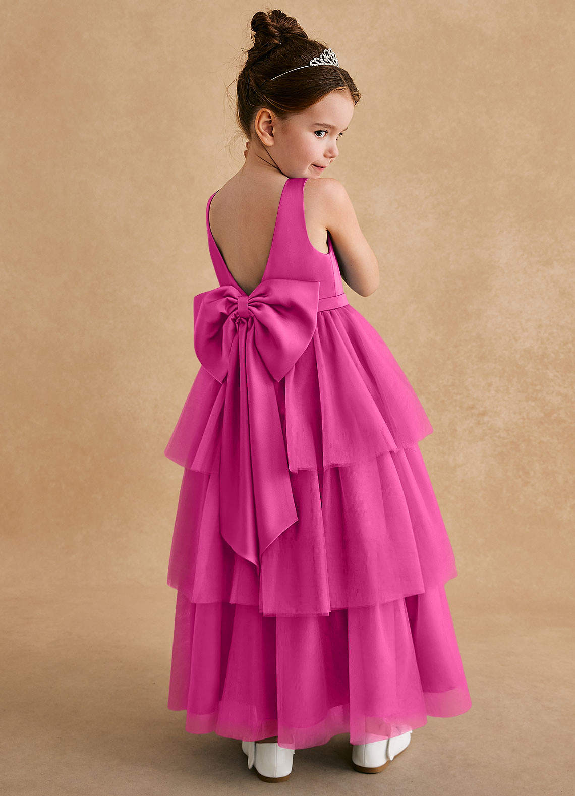 Azazie Megallie Blumenmädchenkleider A-Linie Schleifen Tüll Kleid Fuchsia image1