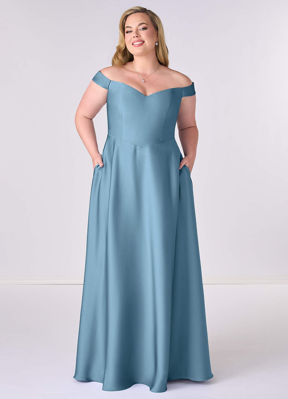 Barbie ♥ Azazie Brautjungfernkleider Wandelbar A-Linie Schulterfrei Stretch-Satin Kleid Stahlblau image1