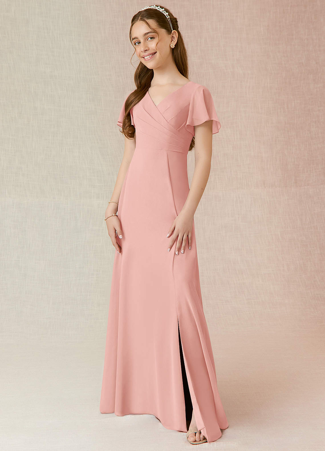 Azazie Induh Junior Abito A-Line in Chiffon Increspato Rosetta image1