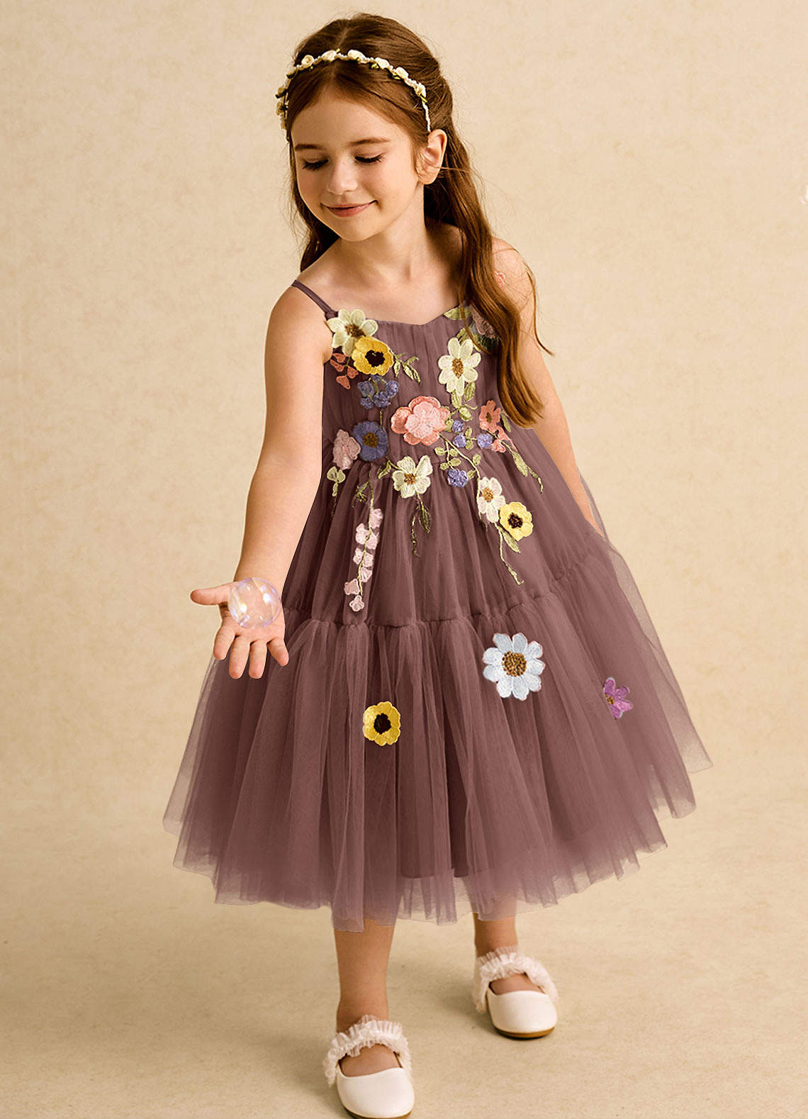 Azazie Osea Blumenmädchenkleider Ballkleid Plissee Tüll Kleid Espresso image2