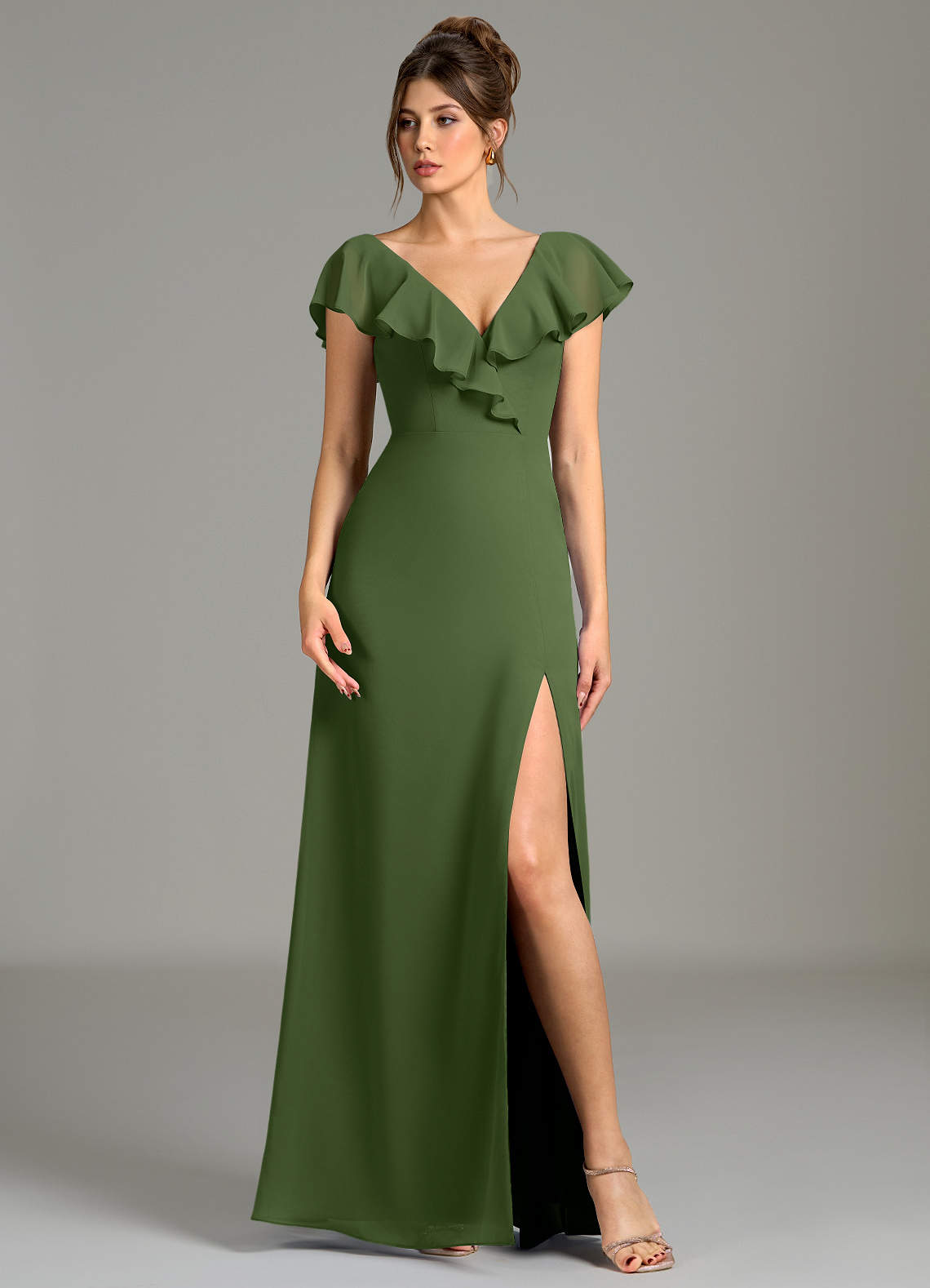 olive green chiffon evening dress Flutter Sleeve V-Neck A-Line Chiffon Bridesmaid Dress in Olive, Olive / 10