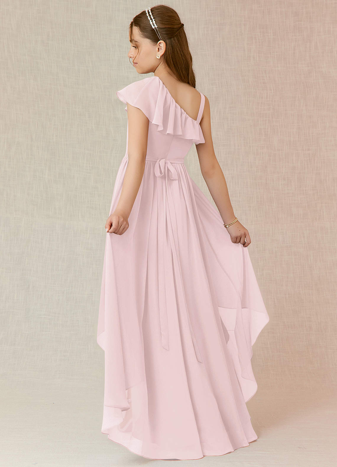 Azazie Mango Junior Blushing Pink A-Line Ruched Chiffon Dress image1