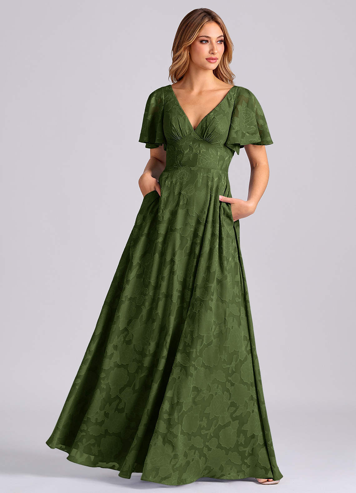 Azazie Kimber Bridesmaid Dresses Olive A-Line with Pockets Floral Burnout Dress image6