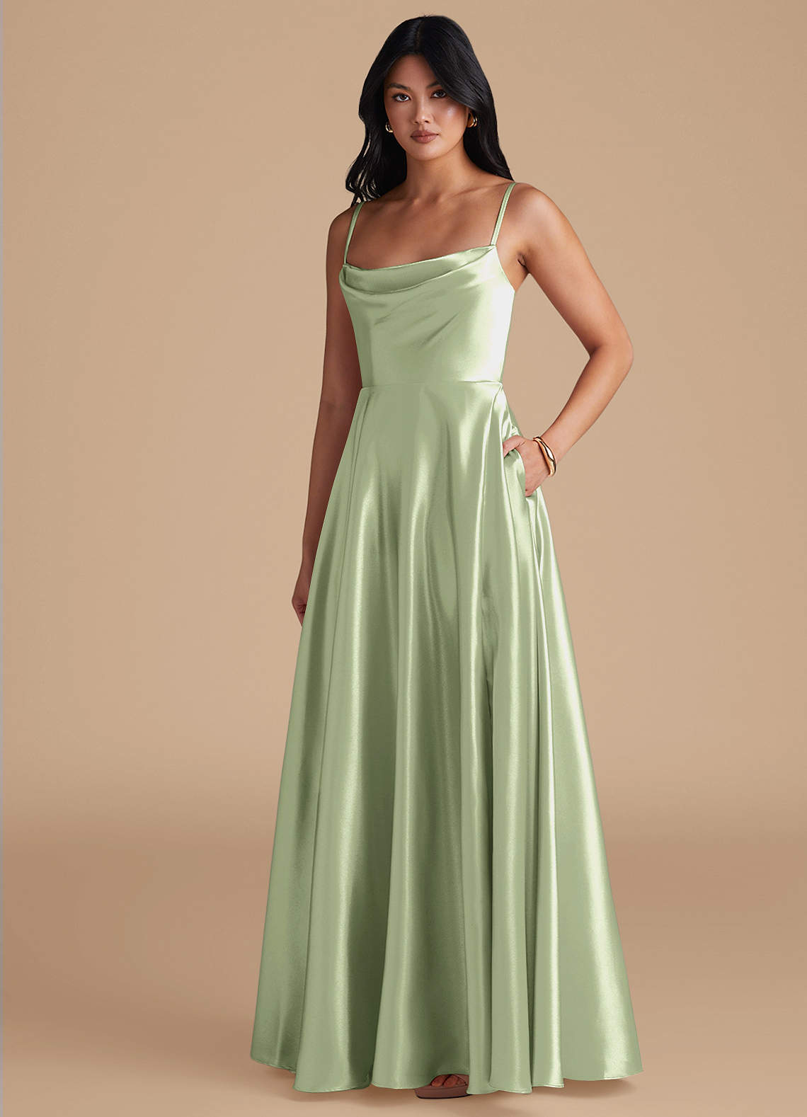 Azazie Elle Bridesmaid Dresses Dusty Sage A-Line with Pockets Metallic Satin Dress image1
