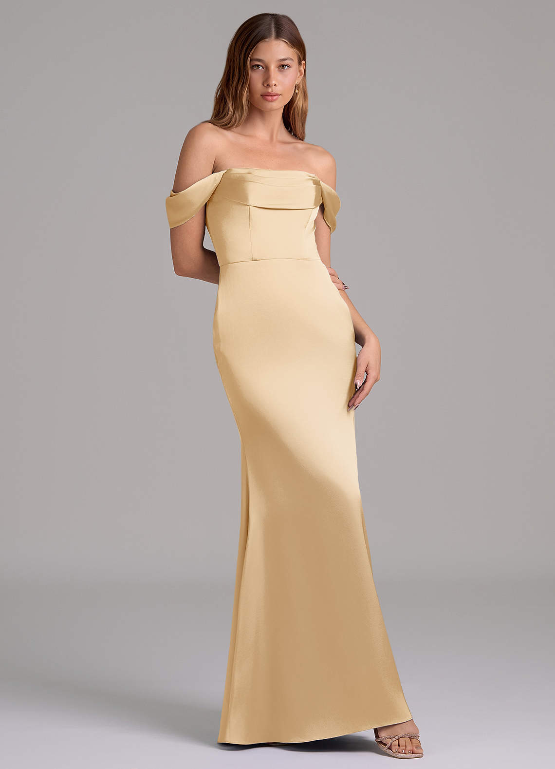 Azazie Miley 신부 들러리 드레스 인어 오프 더 숄더 스트레치 새틴 바닥 길이 드레스 image1