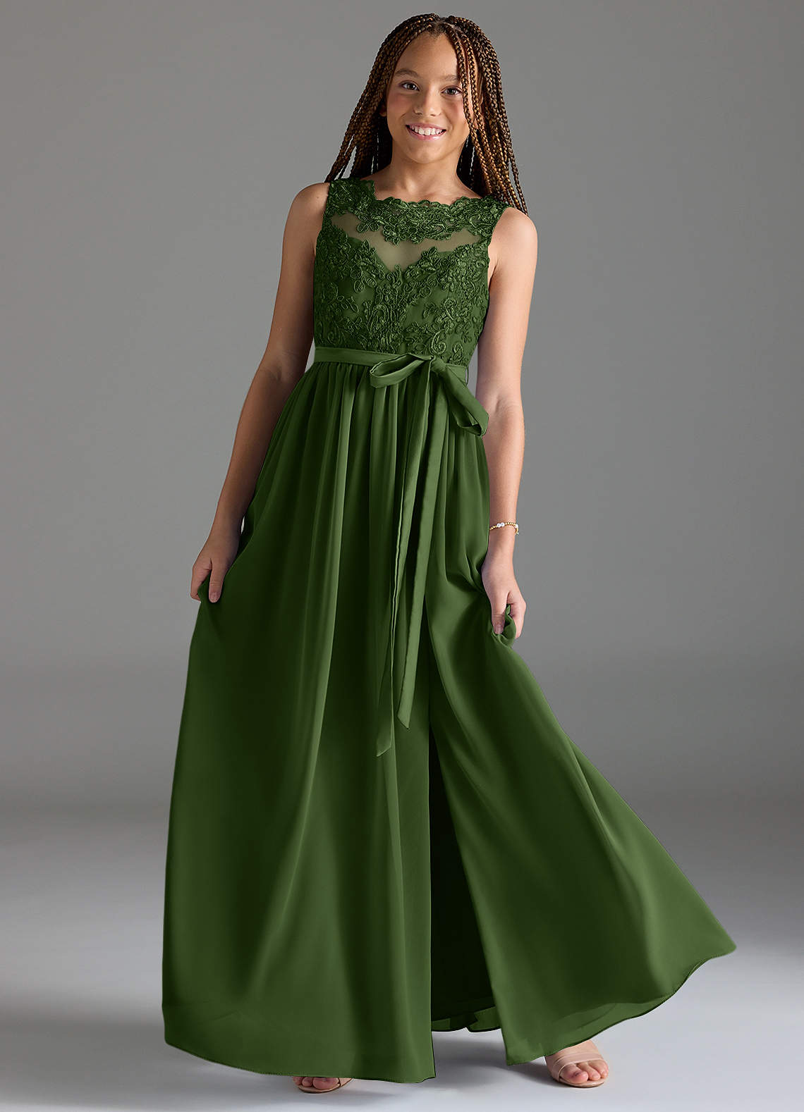 Azazie Elly Junior A-Line Blonder Chiffon Gulv-længde Junior brudepige Kjole image1