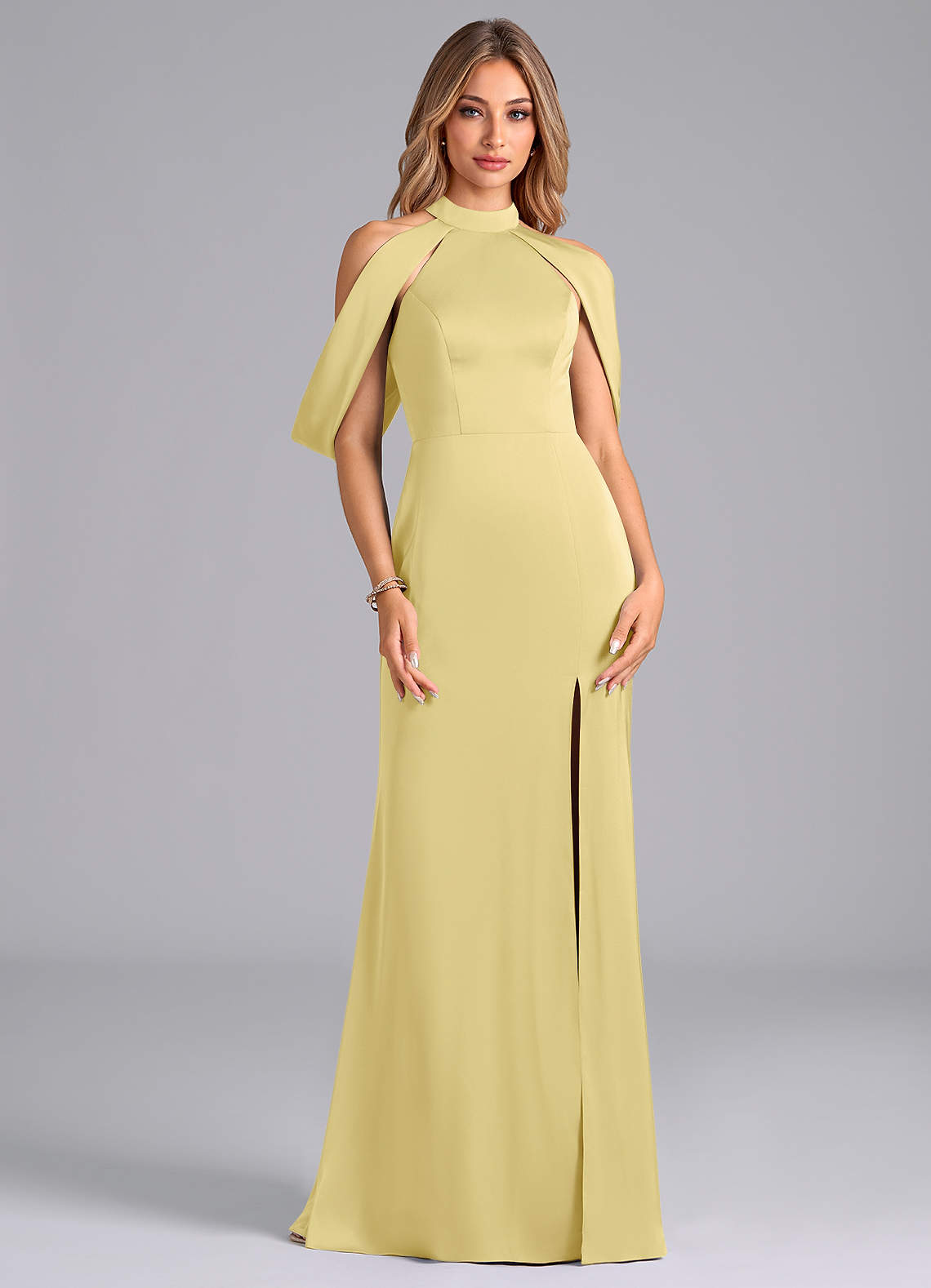 Azazie Bonny Brautjungfernkleider Meerjungfrau-Linie Schulterfrei Stretch-Satin Kleid Zitronensorbet image1