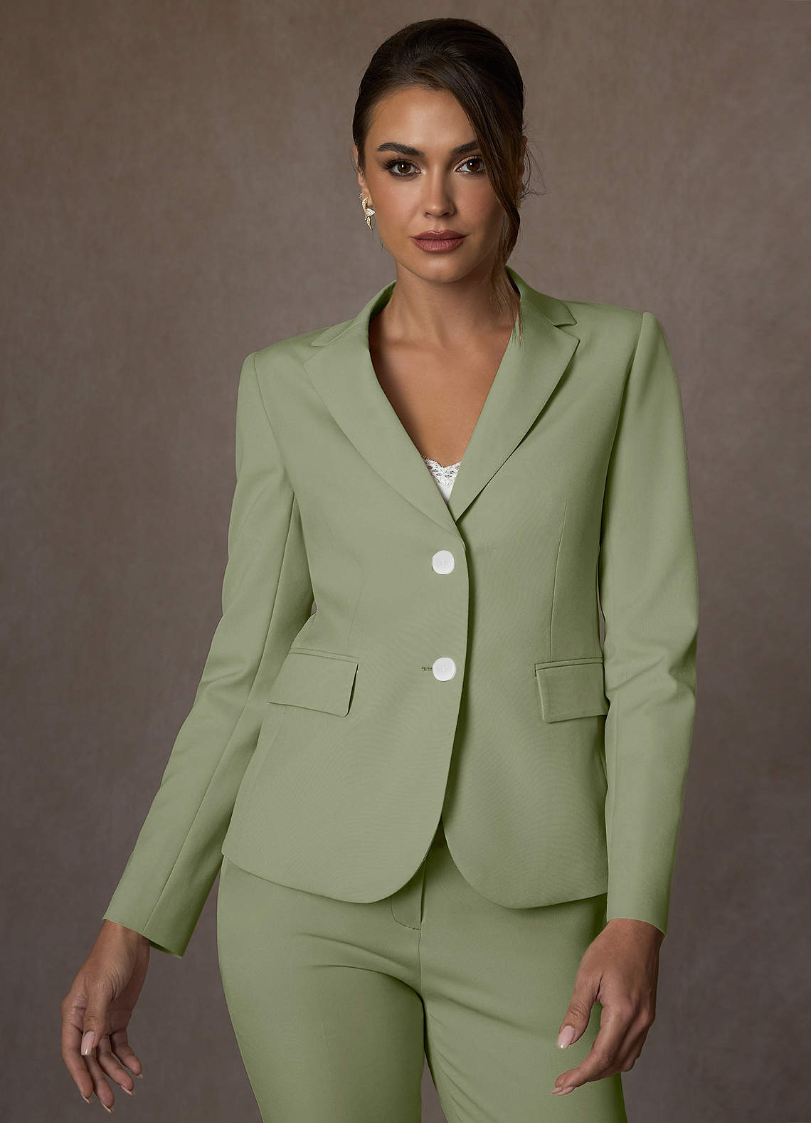 front Whitney Pistachio Structured Stretch Full Length Pants Suit