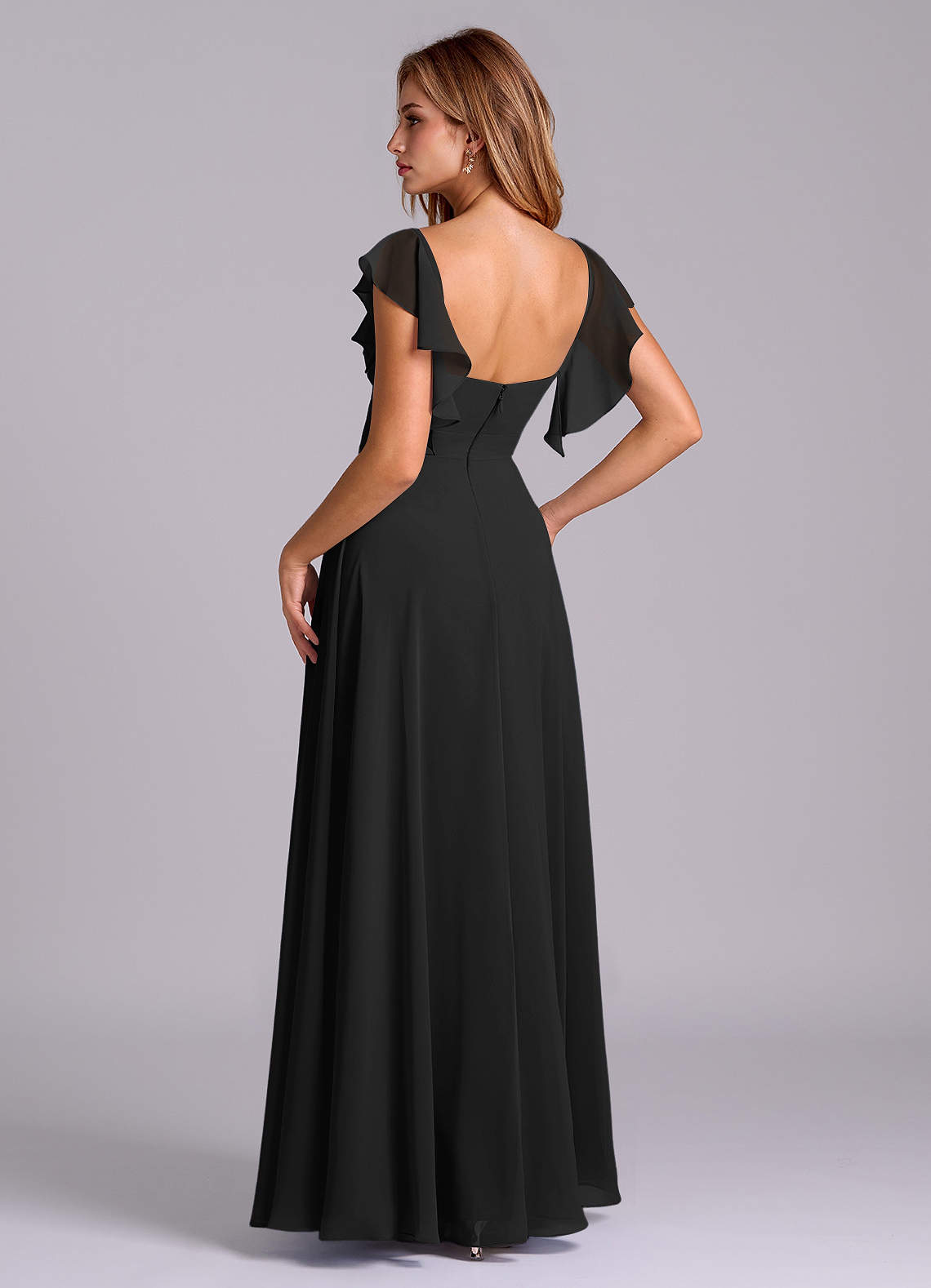 Azazie Leilani Bridesmaid Dresses Black A-Line Pleated Chiffon Dress image4