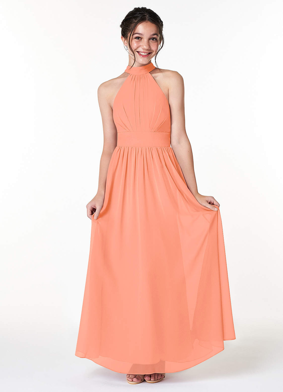 Azazie Iman Junior Abito A-Line in Chiffon Plissettato Tramonto image1