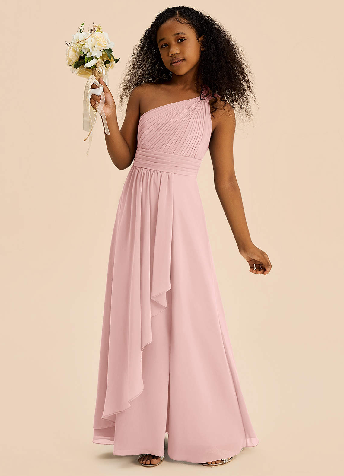 Azazie Skye Junior Powder Pink A-Line Pleated Chiffon Dress image2