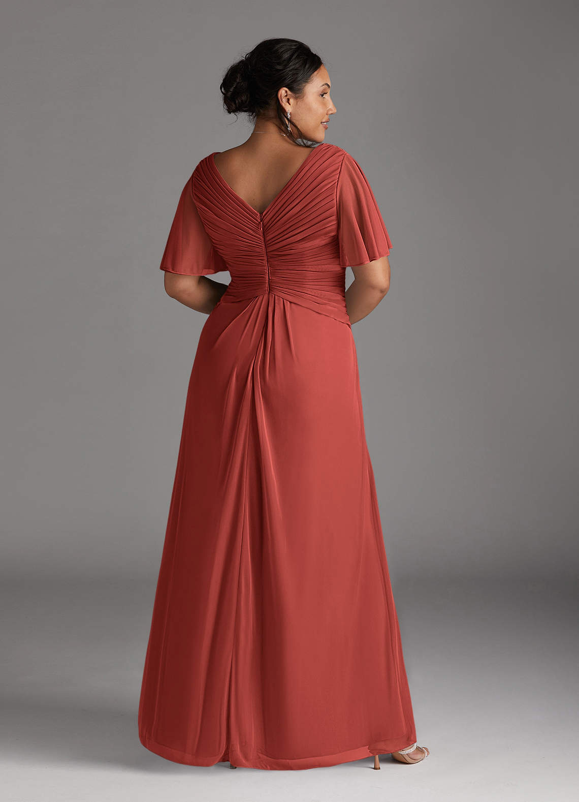 Azazie Emmeline Mother of the Bride Dresses Terracotta A-Line V-Neck Pleated Mesh Dress image6