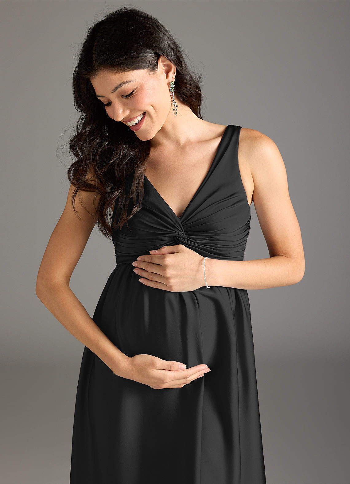 Azazie Yetta Maternity Bridesmaid Dresses A-Line Pleated Stretch Satin Floor-Length Dress image1