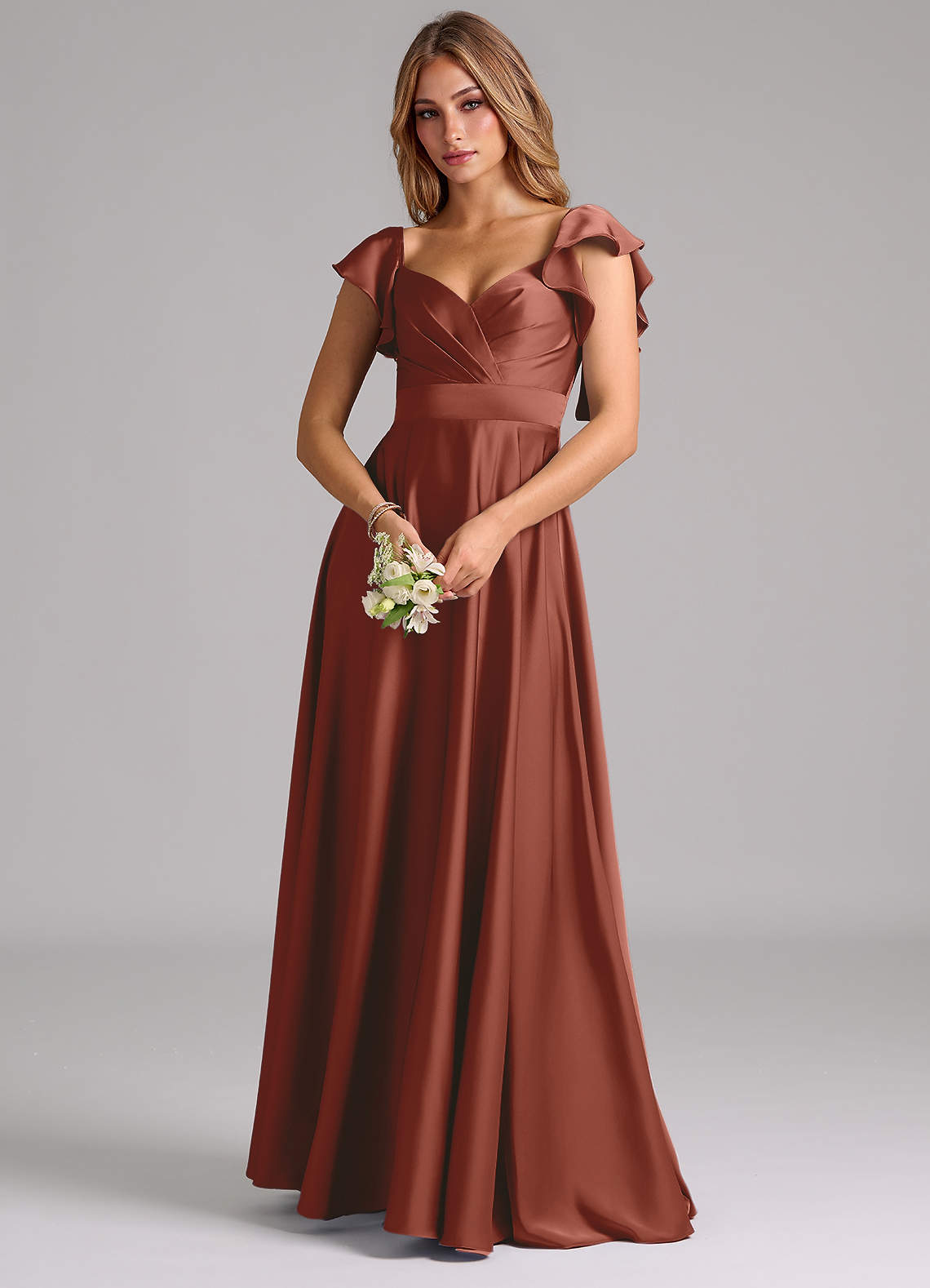 Azazie Leilani Bridesmaid Dresses Auburn A-Line Ruched Stretch Satin Dress image6