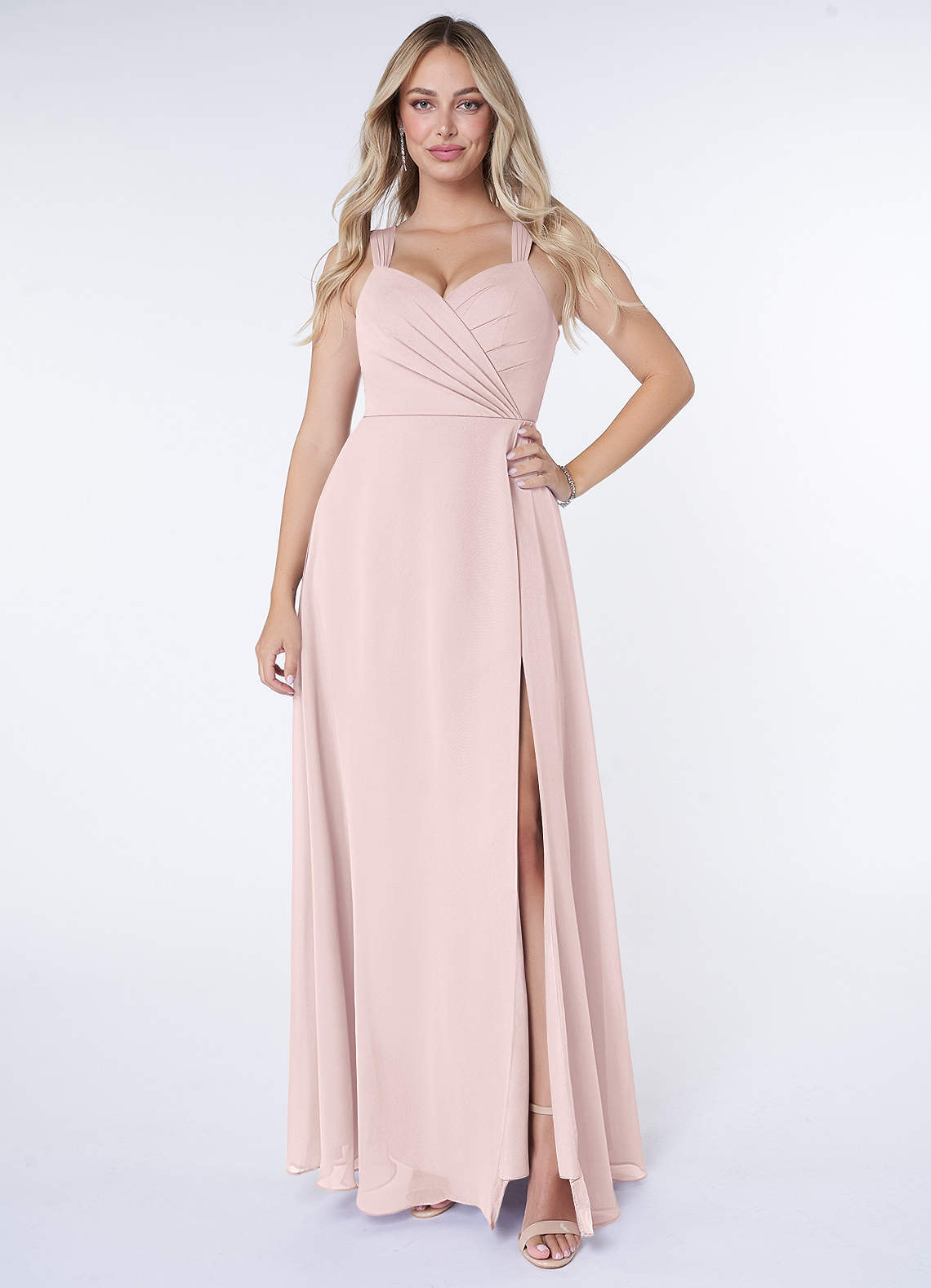 Azazie Nahrin Bridesmaid Dresses Blushing Pink A-Line V-Neck Pleated Chiffon Dress image1