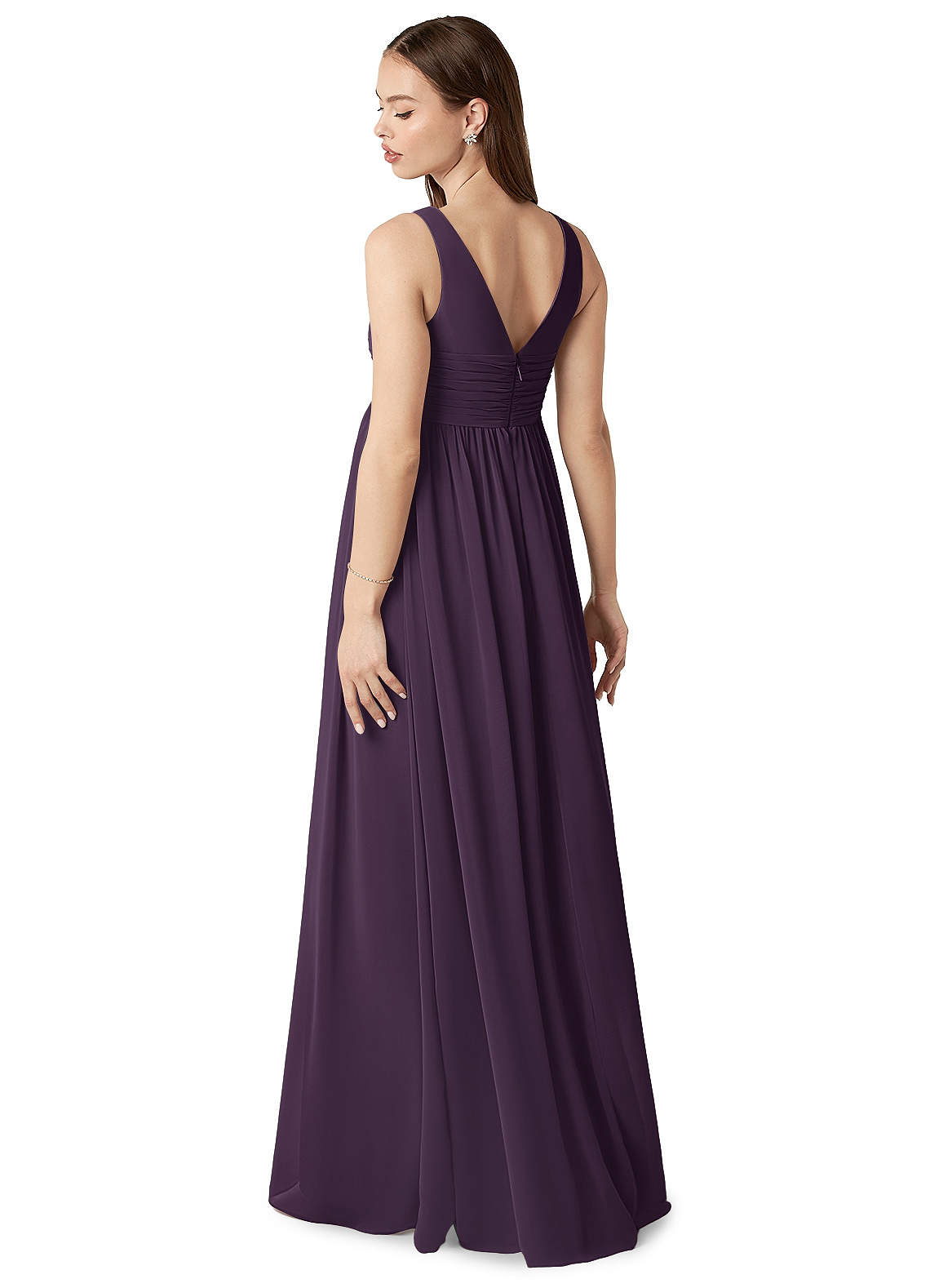 Azazie Yetta Probar vestidos en casa Vestido de Corte en A Cuello en V fruncido Hasta el suelo Gasa image4