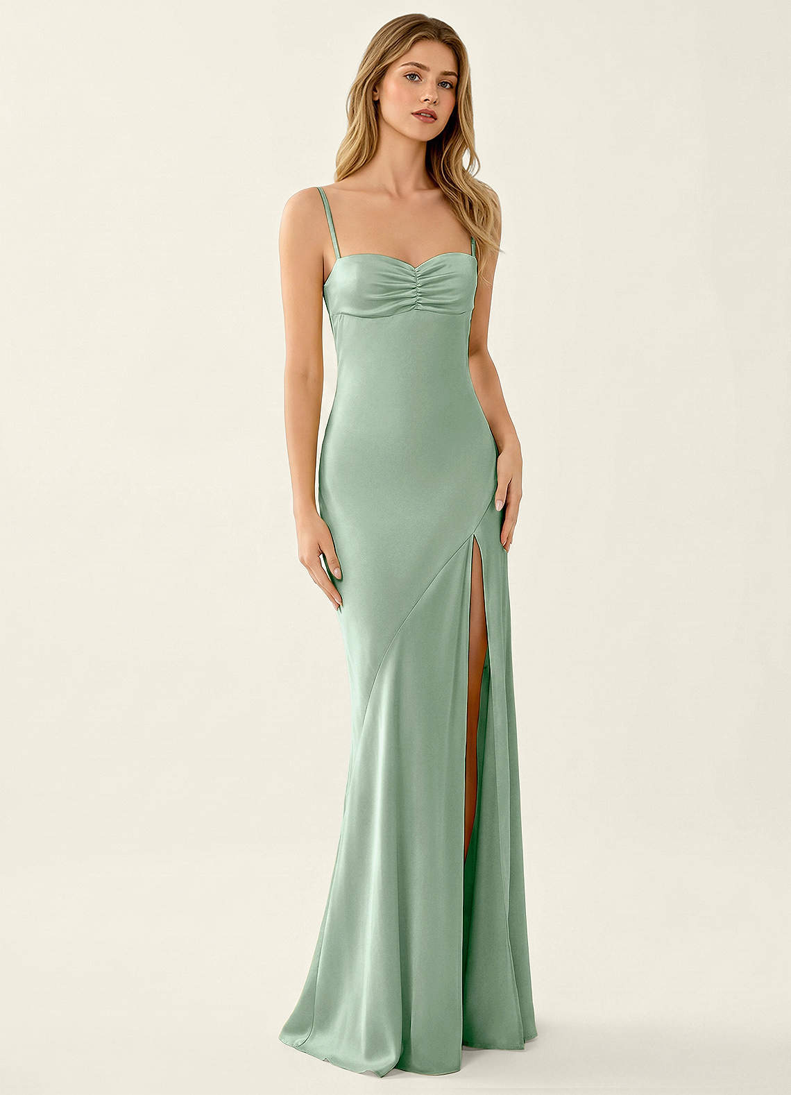 formal vacation dress Azazie Agave Green Floor-Length Column Sweetheart Leg Slit Open Back Debs and Graduation 260104US