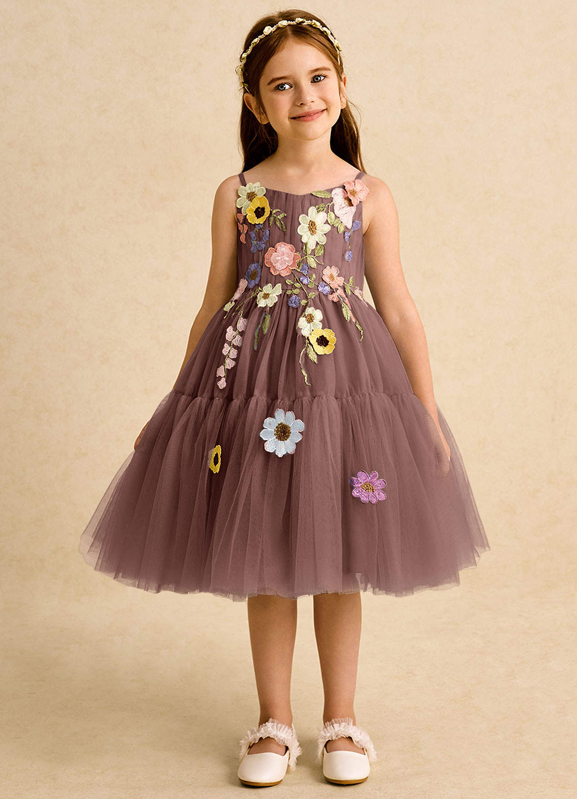 Azazie Osea Blumenmädchenkleider Ballkleid Plissee Tüll Kleid Espresso image6