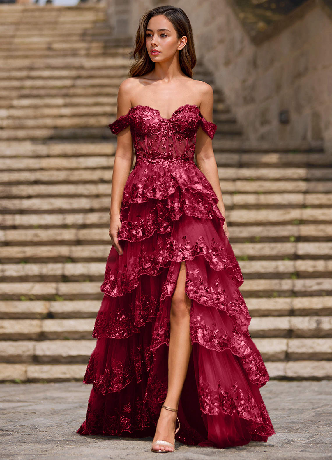 Glitz Red Ruffled A-line Prom Dress Prom and Homecoming Dresses | Azazie DE