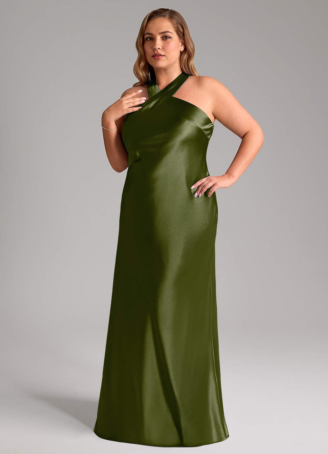 Azazie Doretta Bridesmaid Dresses Olive Mermaid Bow Metallic Satin Dress image1