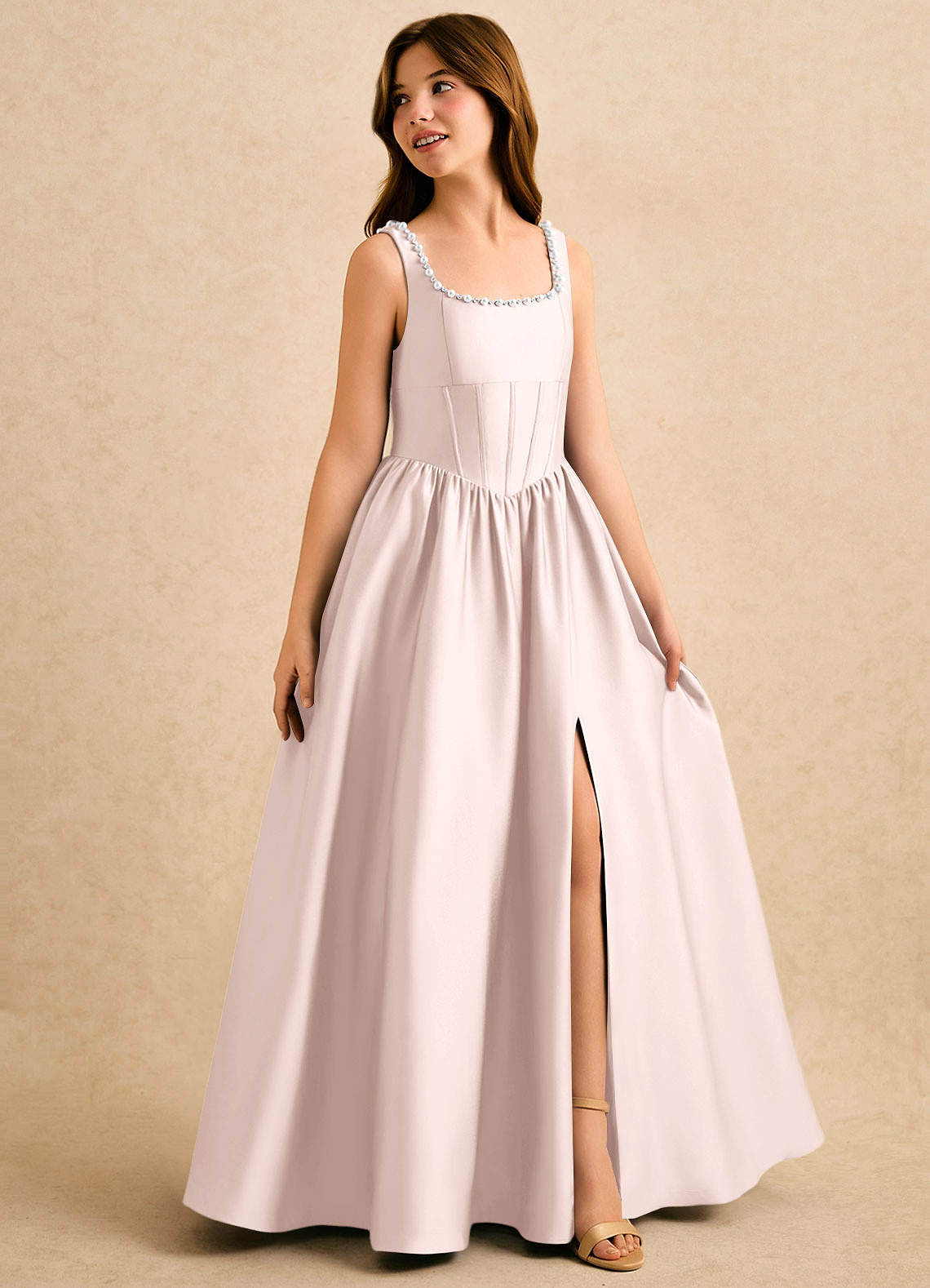 Azazie Enid Girls Formal Flower Girl Dresses Blushing Pink A-Line Beaded Stretch Satin Dress image2